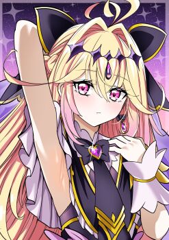 1girl absurdres antenna_hair applying_manicure arm_up armpit_focus armpits black_bow black_dress black_necktie blonde_hair bow braid brooch closed_mouth commentary_request cure_arcana_shadow dress earrings gradient_hair hair_between_eyes hair_intakes hair_ornament half_up_braid hand_on_own_chest heart heart_brooch highres jewelry long_hair looking_at_viewer magical_girl meitantei_precure! moria_luluka multicolored_hair necktie pink_eyes pink_hair precure presenting_own_armpit purple_veil solo spread_armpit synchroman upper_body veil