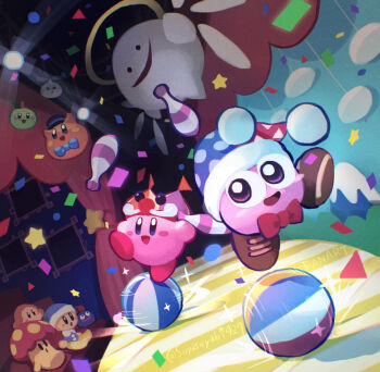 ball beachball blue_bow blue_bowtie blue_eyes blush_stickers bow bowtie cappy_(kirby) circus_kirby clown commentary_request confetti copy_ability dark_background gooey_(kirby) halo hat jester_cap juggling kirby kirby_(series) marx_(kirby) mister_anglep nintendo open_mouth poppy_bros_jr propeller_(kirby) purple_eyes red_bow red_bowtie scarfy smile stage stage_lights suyasuyabi twitter_username waddle_dee watermark wings zero_two_(kirby)
