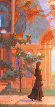 1boy absurdres alexei_karamazov angel apple arch brown_hair brown_robe day food fruit grass highres holding holding_own_arm icon_(religion) leaf long_hair monk outdoors profile religion robe sutekooooo the_karamazov_brothers tree walking