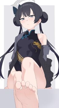 1girl absurdres barefoot black_hair blue_archive breasts butterfly_hair_ornament china_dress chinese_clothes commentary_request double_bun dress grey_eyes hair_bun hair_ornament halo highres kisaki_(blue_archive) looking_at_viewer simple_background sitting small_breasts solo twintails user_vwzn4332