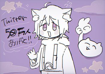 1girl :3 :d ahoge animal_ear_fluff animal_ears artist_self-insert blush cat_ears cat_girl chromatic_aberration commentary crop_top cropped_hoodie drawstring flying_sweatdrops hair_between_eyes hololive hood hood_down hoodie long_sleeves milestone_celebration monochrome navel nekomata_okayu nekomata_okayu_(1st_costume) nekomata_okayu_(artist) open_mouth purple_background purple_sky purple_theme short_hair simple_background sky smile solo star_(symbol) symbol-only_commentary symbol_in_eye translated virtual_youtuber waving