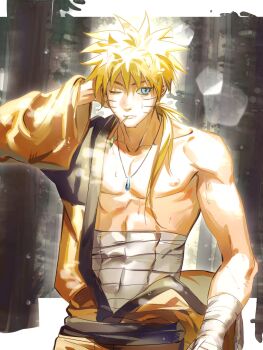 1boy blonde_hair blue_eyes commentary_request cowboy_shot facial_mark hand_on_own_head highres japanese_clothes jewelry kimono long_hair male_focus mouth_hold naruto_(series) naruto_shippuuden necklace nipples off_shoulder one_eye_closed pectorals ponytail sarashi solo stalk_in_mouth sweat toned toned_male uzumaki_naruto whisker_markings yangyan79477102