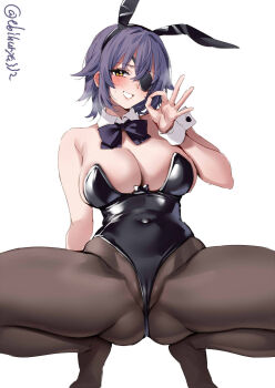 1girl animal_ears artist_name black_leotard blush breasts cameltoe commentary_request covered_navel detached_collar ebifurya eyepatch fake_animal_ears fellatio_gesture gluteal_fold hair_between_eyes hair_intakes hand_up heavy_breathing highres kantai_collection large_breasts leotard looking_at_viewer medium_hair no_shoes one-hour_drawing_challenge one_eye_covered pantyhose playboy_bunny purple_hair rabbit_ears sidelocks simple_background skindentation smile solo spread_legs squatting strapless strapless_leotard sweat tenryuu_(kancolle) thick_thighs thighs twitter_username white_background wrist_cuffs