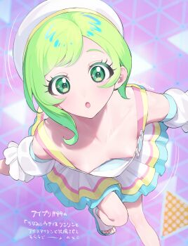 1girl :o blue_shoes blush breasts detached_sleeves dot_nose downblouse dress frilled_sleeves frills green_eyes green_hair hat highres himitsu_no_aipri idol idol_clothes leaning_forward looking_at_viewer medium_dress mitsuba_airi motion_lines nipples oniku_(oniku029029mm) open-toe_shoes parted_lips pretty_series shoes short_hair short_sleeves small_breasts solo standing standing_on_one_leg star_(symbol) star_in_eye symbol_in_eye translation_request twitter_username webp-to-png_conversion white_dress white_hat white_sleeves