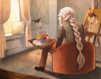 1boy az_(pokemon) braid braided_ponytail canvas_(object) commentary_request couch floating floette floette_(eternal) gen_6_pokemon holding holding_paintbrush indoors male_focus nintendo on_couch paintbrush painting_(action) painting_(object) pokemon pokemon_(creature) pokemon_legends:_z-a rintarou_12 sitting white_hair