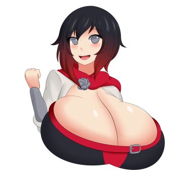 1girl black_hair breasts cleavage highres huge_breasts jcdr red_hair ruby_rose rwby short_hair grey_eyes
