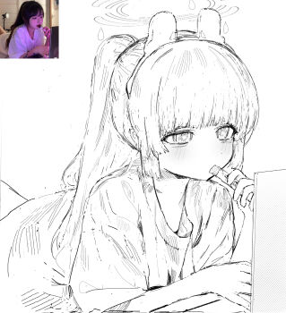 1girl alternate_costume animal_ear_hairband animal_ears blue_archive blunt_bangs computer eating fake_animal_ears hairband halo high_ponytail highres long_hair looking_at_object lying miyu_(blue_archive) on_stomach ponytail rabbit_ear_hairband rabbit_ears shirt simple_background sketch solo straight_hair t-shirt upper_body ura_mieu white_background