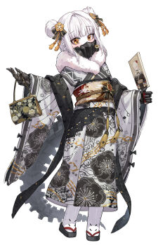 1girl absurdres alternate_costume bag black_mask black_tail blue_archive colored_skin commentary_request double_bun ein_(blue_archive) extra_pupils floral_print full_body hair_bun handbag highres holding holding_bag holding_paddle japanese_clothes kimono kokukyukeo mask mechanical_hands mechanical_tail paddle print_kimono respirator segmented_tail symbol-shaped_pupils tail white_hair white_skin x-shaped_pupils