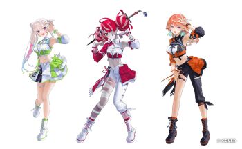 Rule 34 | 3girls, :d, ;q, ahoge, airani iofifteen, asymmetrical clothes, asymmetrical sleeves, bandaged arm, bandaged leg, bandages, black pants, blue hair, boots, collared shirt, color-coded, colored inner hair, colored skin, commentary request, copyright name, cropped shirt, detached sleeves, double bun, feathers, full body, gradient hair, green feathers, green hair, grey hair, grey skin, hair bun, hands up, highres, hololive, hololive english, hololive idol uniform (color rise), hololive indonesia, impaled, kaoruko (unkrk55), kureiji ollie, lace-up boots, long hair, looking at viewer, midriff, miniskirt, mismatched sleeves, multicolored hair, multicolored shirt, multiple girls, navel, official alternate costume, official art, one eye closed, open mouth, orange hair, palette hair ornament, pants, patchwork skin, pink hair, platform boots, puffy detached sleeves, puffy short sleeves, puffy sleeves, purple eyes, red eyes, red hair, shirt, short sleeves, side ponytail, side up bun, simple background, single detached sleeve, single pantsleg, single sleeve, skirt, smile, standing, stitched face, stitched leg, stitches, swept bangs, takanashi kiara, tongue, tongue out, v, virtual youtuber, white background, white pants, white shirt, white skirt, zombie