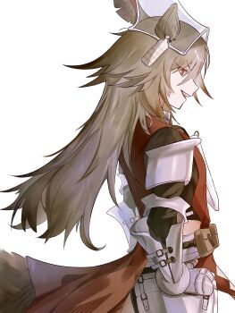 1girl absurdres animal_ears arknights armor belt_pouch bright_pupils cowboy_shot facing_to_the_side gauntlets grey_hair hands_on_own_hips helmet highres hip_armor horse_ears horse_girl horse_tail long_hair looking_at_viewer midriff_peek open_mouth patipatipati_pa pouch red_eyes red_tunic shoulder_armor simple_background smile solo tail teeth tunic upper_teeth_only vambraces white_background wild_mane_(arknights)