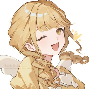 Rule 34 | 1girl, baizhe (ifav27), blonde hair, bow, braid, braided twintails, commentary request, fang, fujita kotone, gakuen idolmaster, hair bow, heart, highres, idolmaster, long hair, looking at viewer, one eye closed, open mouth, puffy sleeves, shirt, sidelocks, simple background, skin fang, solo, twitter username, upper body, watermark, white background, white bow, white wings, wings, yellow eyes, yellow shirt