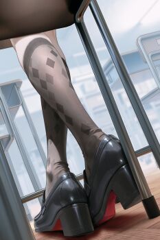 1girl absurdres black_shoes black_socks blurry blurry_background chisa_(wuthering_waves) classroom commentary crossed_ankles desk dutch_angle fine_fabric_emphasis fuann highres indoors leg_focus loafers school_desk shoes socks solo symbol-only_commentary wuthering_waves