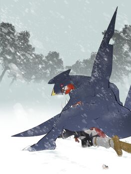 1boy 1girl absurdres akari_(pokemon) anal animal_penis bestiality black_leggings blue_kimono breath brown_sandals commentary_request cum cum_overflow dragon facing_another forest garchomp gen_4_pokemon goldgalchi grey_sky hands_on_ground heavy_breathing highres injury japanese_clothes kimono korean_commentary leggings looking_back lying monster nature nintendo on_ground on_stomach outdoors overcast penis pokemon pokemon_(creature) pokemon_legends:_arceus pokephilia rape red_scarf sandals scarf sharp_teeth sky sleeves_rolled_up snow snowflakes snowing spread_legs teeth torn_clothes torn_leggings tree trembling trembling_legs turning_head wide_spread_legs yellow_eyes