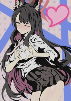 1girl alternate_costume animal_ear_fluff animal_ears black_hair black_skirt blue_archive blush breasts colored_inner_hair commentary cowboy_shot fox_ears hair_between_eyes halo heart heart-shaped_boob_challenge heart_hands highres large_breasts leaning_forward multicolored_hair one_eye_closed pink_hair pleated_skirt red_halo shirt skirt solo two-tone_hair uirou_(uirou2024) wakamo_(blue_archive) white_shirt yellow_eyes