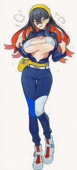 black_hair boots braid breasts carmine_(pokemon) headband multicolored_hair nintendo open_clothes open_shirt pokemon pokemon_sv red_hair yellow_eyes