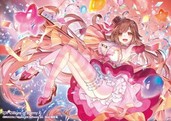 1girl ahoge balloon bow breasts brown_eyes brown_hair confetti copyright_notice dress fingerless_gloves footwear_bow frilled_dress frills gloves hat high_heels huge_breasts long_hair looking_at_viewer mini_hat official_art open_mouth prism_(z/x) red_gloves solo sparkle star_(symbol) star_balloon striped_clothes striped_thighhighs thighhighs very_long_hair yuasa_akira z/x
