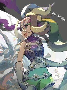 1girl blonde_hair bo_(bouillustration) clenched_hand commentary_request crop_top elbow_gloves eyelashes gen_4_pokemon gloves gradient_shorts grey_eyes grey_gloves headband highres korrina_(pokemon) long_hair lucario mega_lucario mega_pokemon mega_stone midriff multiple_views nintendo open_mouth pokemon pokemon_(creature) pokemon_legends:_z-a pokemon_xy purple_headband purple_shirt shirt smile teeth twitter_username upper_teeth_only
