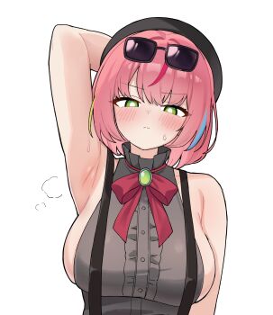 1girl absurdres alternate_breast_size_(larger) arm_at_side arm_up armpit_crease armpit_focus armpits bare_shoulders beret black-framed_eyewear black_hat blush bow bowtie breasts bright_pupils brooch center_frills closed_mouth commentary_request eyewear_on_head frilled_shirt frills gem green_eyes green_gem grey_shirt hanako_nana hat highres impossible_clothes impossible_shirt jewelry korean_commentary large_breasts looking_at_viewer maksagwa multicolored_hair no_bra pink_hair presenting_own_armpit red_bow red_bowtie shirt short_hair sideboob sideless_shirt simple_background smell solo stellive straight_hair streaked_hair sunglasses suspenders sweat upper_body virtual_youtuber white_background white_pupils