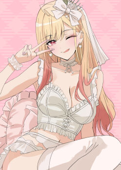 1girl :p absurdres blonde_hair bow breasts bridal_veil cleavage commentary_request dress gradient_hair hair_bow highres jewelry kitagawa_marin long_hair looking_at_viewer medium_breasts multicolored_hair nakano_kura orange_hair pink_background pink_eyes ring smile sono_bisque_doll_wa_koi_wo_suru thighhighs tongue tongue_out v veil wedding_dress wedding_ring white_bow white_thighhighs wrist_cuffs