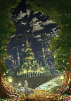 1girl absurdres album_cover architecture barefoot chooco_(chocoshi) chromatic_aberration city clothes_lift cloud cover dress dress_lift floating_island flower from_behind gears gothic_architecture highres lamppost off-shoulder_dress off_shoulder original outdoors petals scenery short_hair sky solo tree walking white_dress white_hair wide_shot