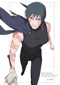 &gt;:) 1girl androgynous aqua_eyes battle_scarred belt black_pants black_tank_top blue_cape breasts brown_belt burn_scar cape cowboy_shot grey_hair grin holding holding_sword holding_weapon jujutsu_kaisen medium_breasts pants scar scar_on_arm scar_on_face short_hair smile solo sword tank_top v-shaped_eyebrows walking weapon yuto_(yut0x0) zen&#039;in_maki