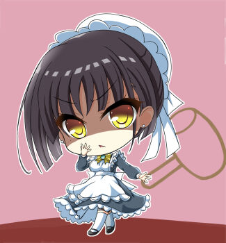 1girl angry apron black_dress black_hair black_shoes blunt_ends bow bowtie breasts bun_cover cafe_stella_to_shinigami_no_chou chibi chibi_only commentary_request dress earrings frilled_apron frilled_dress frills frown full_body hair_behind_ear hair_bun hair_ribbon hammer hand_up highres jewelry kneehighs large_breasts long_sleeves looking_at_viewer maid maid_headdress mary_janes medium_hair nineball0211 open_mouth outline pink_background ribbon shaded_face shiki_natsume shoes simple_background single_hair_bun socks solo standing stud_earrings v-shaped_eyebrows white_apron white_outline white_ribbon white_socks yellow_bow yellow_bowtie yellow_eyes