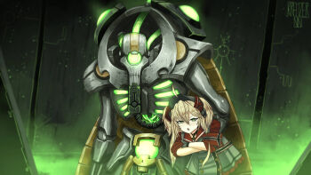 1girl 1other :o absurdres admiral_hipper_(azur_lane) ahoge armband artist_name azur_lane blonde_hair commission cross crossed_arms crossover green_eyes hair_between_eyes highres iron_cross kreuzer_00 narrowed_eyes necron open_mouth pout robot sleeves_rolled_up two_side_up visor_cap warhammer_40k