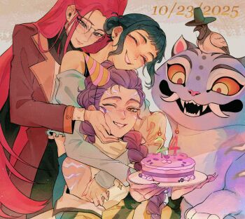 Rule 34 | 3girls, arms around neck, bird, black hair, black hat, black scarf, black skirt, blunt bangs, blush, body markings, braid, brown eyes, brown jacket, cake, closed eyes, closed mouth, colored sclera, crop top, crow, dated, derpy (kpop demon hunters), double bun, earrings, facial mark, fangs, food, glasses, hair bun, hat, highres, holding, holding cake, holding food, hug, hug from behind, jacket, jacket partially removed, jewelry, kpop demon hunters, long hair, midriff, mira (kpop demon hunters), multiple girls, off-shoulder shirt, off shoulder, one eye closed, open mouth, parted bangs, parted lips, party hat, pink hair, purple hair, red sclera, round eyewear, rumi (kpop demon hunters), scarf, shirt, short bangs, short hair, sidelocks, single braid, skirt, sleepykai32, sleeveless, sleeveless shirt, smile, sussie (kpop demon hunters), teeth, tiger, twintails, upper body, white shirt, yellow eyes, yellow jacket, zoey (kpop demon hunters)