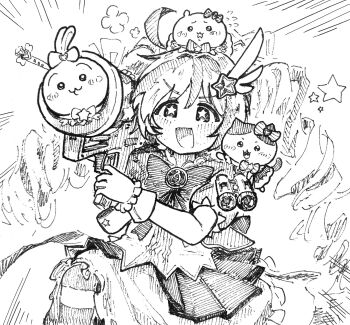 +_+ 1girl 3others :d absurdres ahoge alternate_costume black_thighhighs blue_archive blush bow bowtie character_request chiikawa chiikawa_(character) cosplay cowboy_shot curly_hair dress drill_hair earrings feet_out_of_frame frilled_dress frills gloves greyscale hachiware_(chiikawa) hair_between_eyes hair_bow hair_ornament highres holding holding_weapon jewelry long_hair magical_girl monochrome multicolored_hair multicolored_thighhighs multiple_others no_halo official_alternate_costume official_alternate_hairstyle on_head on_shoulder open_mouth puffy_short_sleeves puffy_sleeves reisa_(blue_archive) reisa_(magical)_(blue_archive) ribbon rocket_launcher shiokaze1409 short_sleeves simple_background smile star_(symbol) star_hair_ornament streaked_hair sweat thighhighs twin_drills twintails two-tone_hair usagi_(chiikawa) v-shaped_eyebrows weapon white_background white_dress white_gloves white_hair white_thighhighs