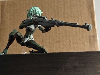 1girl 3d_printing_(medium) absurdres action_figure aiming anti-materiel_rifle aqua_hair black_eyeliner blue_eyes breasts cardboard commentary cyberpunk cyborg english_commentary eyeliner figure_(medium) full_body gun highres holding holding_gun holding_weapon indoors looking_through_scope makeup marie_(peripeteia) medium_breasts on_one_knee peripeteia photo_(medium) ptrs-41 rifle science_fiction scope short_hair sniper_rifle solo staykarbine unconventional_media unfinished weapon wide-eyed