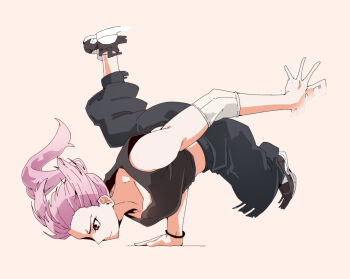 1girl alternate_costume black_shoes breakdance breasts bright_pupils closed_mouth collarbone commentary crop_top english_commentary eyelashes full_body grey_pants grey_shirt hololive hololive_english long_hair lord_joeboto midriff mori_calliope motion_blur pants pink_hair ponytail red_eyes shirt shoes simple_background solo sweatpants virtual_youtuber white_background white_pupils