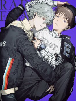 Rule 34 | 2boys, absurdres, black headwear, black jacket, black pants, blue eyes, brown hair, closed mouth, earphones, grey hair, hair between eyes, hat, highres, himo (himodayoo), jacket, jacket on shoulders, long sleeves, looking at viewer, male focus, multiple boys, non-web source, pants, parted lips, purple background, red eyes, shirt, short hair, simple background, smile, streetwear, turtleneck, watch, white shirt, wristwatch, yaoi