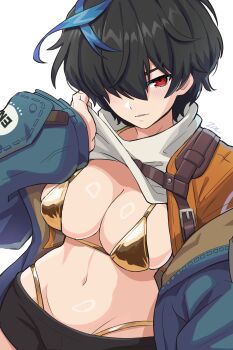 1girl absurdres bikini black_hair black_shorts blue_jacket breasts clothes_lift commentary gold_bikini golden_week guilty_gear guilty_gear_strive guilty_gear_strive:_dual_rulers hair_over_one_eye highres jacket large_breasts lifting_own_clothes looking_at_viewer multicolored_hair navel open_clothes open_jacket red_eyes shiny_skin shirt shirt_lift short_hair shorts simple_background sollyz solo streaked_hair swimsuit tomboy unika_(guilty_gear) white_background white_shirt
