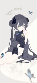 1girl black_hair blue_archive blue_eyes blush bug butterfly butterfly_hair_ornament chinese_clothes clothes_lift double_bun hair_bun hair_ornament half-closed_eyes halo insect jacket jacket_on_shoulders jacket_partially_removed kisaki_(blue_archive) long_hair looking_at_viewer no_panties on_floor pelvic_curtain pelvic_curtain_lift reflection reflective_floor sitting solo twintails yushan_liang_sheng