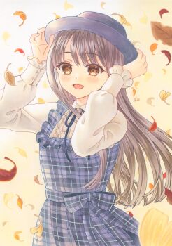 1girl autumn_leaves blue_dress blue_hat blue_ribbon brown_eyes center_frills commentary cowboy_shot dress falling_leaves frilled_dress frilled_shirt frilled_sleeves frills hands_up hat highres leaf long_sleeves looking_at_viewer marker_(medium) neck_ribbon open_mouth original osumi_izumi pinafore_dress plaid_clothes plaid_dress ribbon shirt sleeveless sleeveless_dress smile solo standing symbol-only_commentary traditional_media white_shirt wispy_bangs