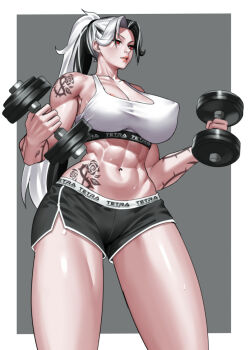 1girl 2025 abs alternate_costume alternate_hairstyle arm_tattoo black_hair bra breasts cleavage clenched_hands collarbone commentary covered_erect_nipples cowboy_shot dolphin_shorts dumbbell english_commentary exercising female_focus goddess_of_victory:_nikke grey_background hair_over_shoulder highres large_breasts leg_tattoo long_hair midriff multicolored_hair muscular muscular_female navel no_bra off_shoulder outside_border parted_bangs parted_lips ponytail red_eyes red_lips rosanna_(nikke) shorts shoulder_tattoo simple_background solo sports_bra straight_hair sweat tattoo taut_clothes thick_thighs thighs toned toned_female two-tone_hair underwear weightlifting white_bra white_hair zinfian