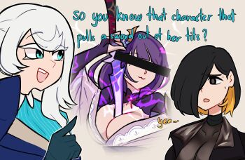 3girls bar_censor black_hair blonde_hair blue_eyes breasts censored centurii-chan colored_inner_hair commentary covered_collarbone english_commentary genshin_impact hair_over_one_eye highres holding holding_sword holding_weapon human_scabbard kamura_(rain_prophet) long_hair mole mole_under_eye multicolored_hair multiple_girls open_mouth original purple_hair raiden_shogun rapier-chan_(centurii-chan) short_hair sword teeth upper_body upper_teeth_only weapon white_hair