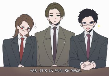 3boys ? ?? akiyama_ren animification bespectacled black_hair blazer blue_eyes brown_hair closed_mouth collared_shirt commentary formal_clothes glasses green_eyes highres interlocked_fingers jacket kamen_rider kamen_rider_ryuki_(series) kido_shinji kitaoka_shuichi lapels long_sleeves looking_at_viewer male_focus multiple_boys necktie notched_lapels open_mouth own_hands_together p_(puddingummy) parted_hair red_eyes red_necktie shirt short_hair simple_background sparkle suit upper_body white_background