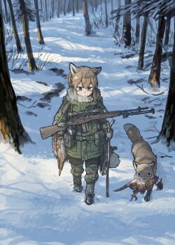 1girl absurdres animal animal_ears battle_rifle belt belt_pouch bird breath brown_eyes brown_hair camouflage camouflage_pants cane dead_animal forest fox fox_ears fox_girl fox_girl_(yihan_world) fox_tail full_body fur-trimmed_collar fur_trim green_jacket gun highres holding holding_cane jacket looking_ahead m21 nature original pants pheasant ponytail pouch rifle scope snow solo tail tree weapon weapon_strap woodland_camouflage yihan_world