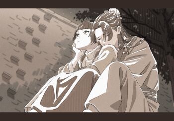 1boy 1girl absurdres beads blunt_bangs brick_wall bun_cover chinese_clothes closed_eyes dangomochi2 hair_beads hair_bun hair_ornament half_updo head_on_hand hetero highres hug hug_from_behind jinshi_(kusuriya_no_hitorigoto) kusuriya_no_hitorigoto letterboxed long_hair long_skirt maomao_(kusuriya_no_hitorigoto) outdoors parted_bangs sepia sidelocks sitting skirt under_table