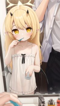 1girl absurdres black_horns black_wings blonde_hair blue_archive commentary comodox demon_horns demon_wings english_commentary halo highres holding horns huge_filesize ibuki_(blue_archive) loli long_hair paid_reward_available pointy_ears toothbrush variant_set wings yellow_eyes