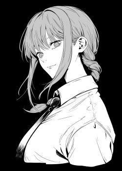 1girl braid braided_ponytail breasts chainsaw_man collared_shirt commentary english_commentary formal_clothes highres large_breasts long_hair looking_at_viewer lughost makima_(chainsaw_man) necktie ringed_eyes shirt shirt_tucked_in sidelocks smile solo suit upper_body