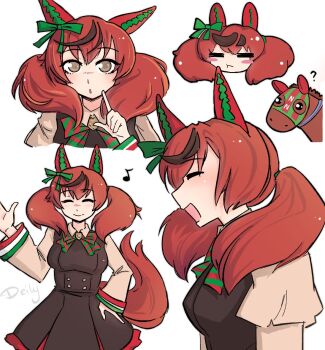 1girl =_= ? animal_ears black_dress blush bow bowtie breasts brown_eyes brown_hair closed_eyes closed_mouth creature_and_personification deily diagonal-striped_bow dress ear_bow ear_covers ear_ornament ear_ribbon green_bow green_bowtie horse horse_ears horse_girl horse_mask horse_tail long_sleeves looking_at_viewer mask medium_breasts medium_hair multicolored_hair musical_note nice_nature_(poinsettia_ribbon)_(umamusume) nice_nature_(racehorse) nice_nature_(umamusume) open_mouth personification pinafore_dress pout real_life simple_background sleeveless sleeveless_dress smile streaked_hair striped_bow striped_bowtie striped_clothes tail twintails umamusume