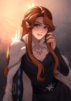 Rule 34 | 1girl, belt, black belt, black dress, blood, blood from mouth, caminukai, cape, castlevania (netflix), castlevania (series), commentary, dress, fangs, fingernails, fur cape, grin, lenore (castlevania), lips, long hair, long sleeves, looking at viewer, orange hair, pink lips, pink nails, pointy ears, red eyes, smile, solo, vampire, white cape