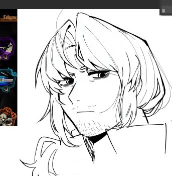 1boy absurdres antenna_hair bags_under_eyes beard_stubble close-up closed_mouth collared_shirt expressionless facial_hair frown glaring glasses gregor_(project_moon) greyscale hair_between_eyes hair_intakes half-closed_eyes hatching_(texture) high_collar highres jitome limbus_company lineart long_hair looking_at_viewer looking_to_the_side low_ponytail male_focus monochrome parted_bangs photo_(medium) photoshop_(medium) ponytail popped_collar portrait project_moon sanpaku semi-rimless_eyewear serious shirt sidelocks simple_background sketch solo stubble traditional_media under-rim_eyewear unfinished upper_body v-shaped_eyebrows white_background wuthering_heights_(identity)_(project_moon)