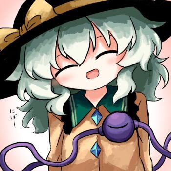 Rule 34 | 1girl, black hat, blush, bow, buttons, closed eyes, collared shirt, diamond button, eyeball, facing viewer, frilled shirt collar, frills, gradient background, green hair, hat, hat bow, heripantomorrow, komeiji koishi, long hair, long sleeves, open mouth, pink background, shirt, smile, solo, third eye, touhou, translation request, yellow bow, yellow shirt