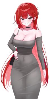 1girl absurdres akane_lize armpit_crease bag bare_shoulders black_choker black_eyes breasts choker cleavage collarbone colored_inner_hair covered_navel dongtan_dress dress earrings grin hand_on_own_hip hashtag-only_commentary highres jewelry large_breasts long_hair long_sleeves looking_at_viewer mole mole_under_eye multicolored_hair pink_hair poppo_myupunk98 red_hair shoulder_bag sidelocks simple_background smile solo spaghetti_strap standing stellive strapless strapless_dress streaked_hair very_long_hair virtual_youtuber white_background
