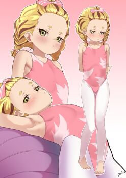 1girl armpits arms_behind_head bad_tag ball blush feet flat_chest full_body gradient_background green_eyes hair_ribbon highres kitora_kanna leotard loli lolipop_ags long_hair medalist_(manga) pantyhose ribbon solo standing thighs toeless_legwear toes twintails