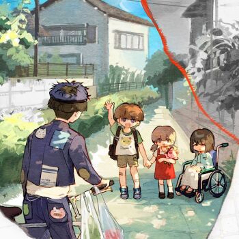 2boys 2girls aion3196 aqua_shirt arm_up backpack bag bandaid bandaid_on_leg bicycle blue_hat blue_jacket blue_pants blue_shoes blue_sky bowl_cut brown_bag brown_hair brown_shoes brown_shorts bush child closed_eyes closed_mouth collared_shirt day dress green_sleeves hat holding holding_hands holding_stuffed_toy house jacket long_sleeves maruko_gaku multiple_boys multiple_girls open_mouth original outdoors pants patchwork_clothes pinafore_dress plastic_bag print_shirt purple_eyes raglan_sleeves red_dress shirt shoes short_hair shorts sitting sky sleeveless sleeveless_dress smile socks stuffed_animal stuffed_toy the_hundred_line_-last_defense_academy- twintails wheelchair white_shirt white_socks