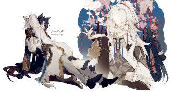 2boys animal_ears bandages blade_(honkai:_star_rail) blue_hair chinese_clothes hair_between_eyes hair_over_one_eye hair_ribbon highres honkai:_star_rail honkai_(series) hug jing_yuan long_hair long_sleeves male_focus mississipping multiple_boys multiple_views parted_bangs ponytail red_ribbon ribbon simple_background sitting white_background white_hair yaoi